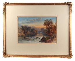 Late 19th century English school - River Scene with a Fisherman in the Foreground - watercolour,