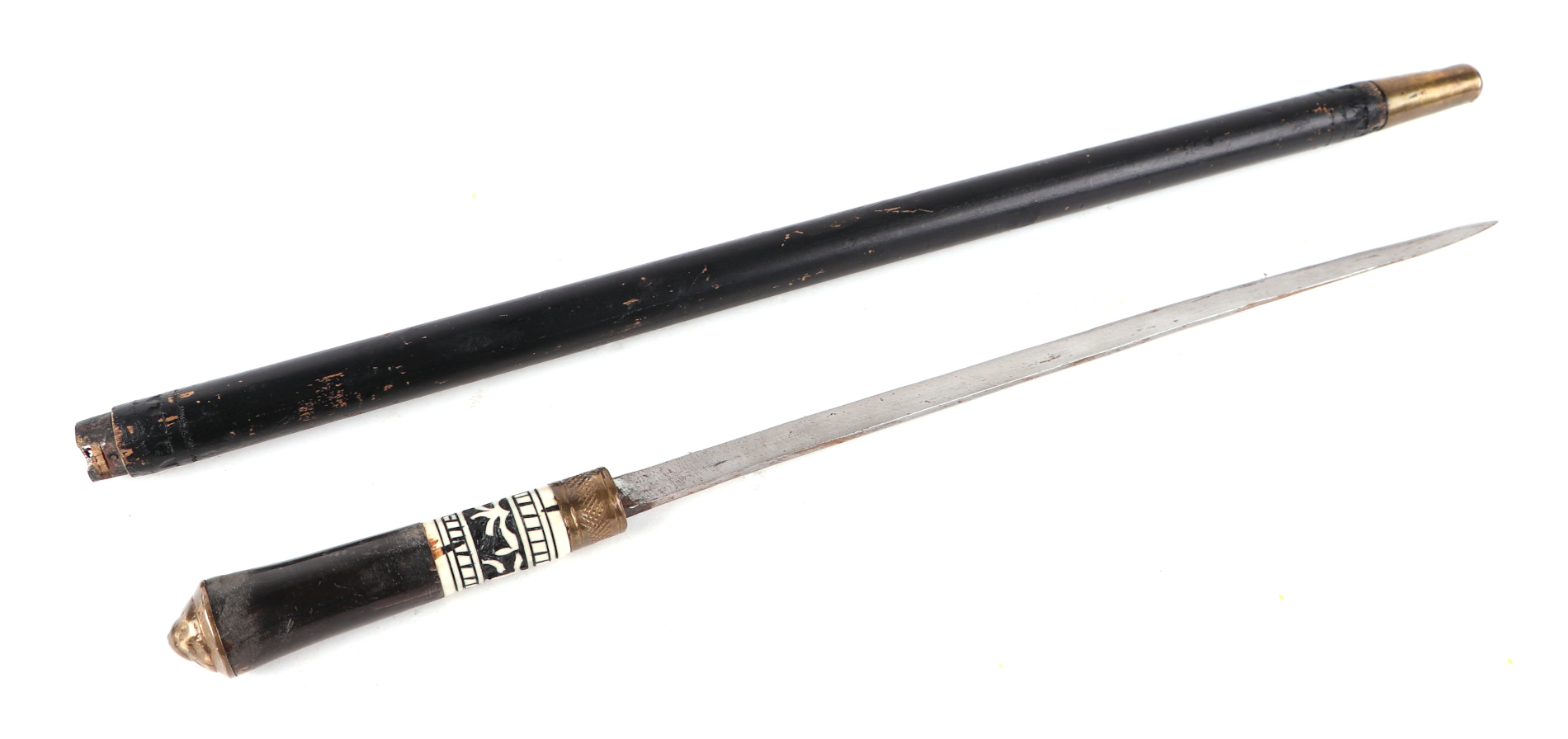 A late 19th/early 20th century Indian swagger sword stick with carved bone collar to handle and