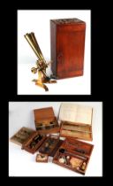 A late Victorian brass binocular microscope by Charles Collins, cased, with various objectives,