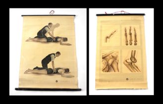 Two St John's Ambulance vintage posters depicting anatomical joints and demonstrating