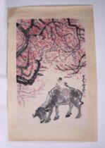 A Chinese watercolour scroll painting depicting a child riding an ox within a cherry blossom wood,