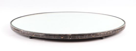 A French mirrored table cake stand with silver coloured metal frame on ball feet, 42cms wide.