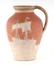 A West Country Art pottery slipware jug decorated with a sailing ship and an Egyptian Faluka boat,