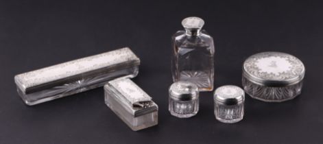 A Victorian heavy gauge silver lidded six piece dressing table set to include a screw-down ink