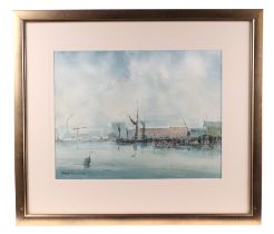 Douglas Tannahill (modern British) - Isle of Dogs from Rotherhithe Reach - signed & dated '83