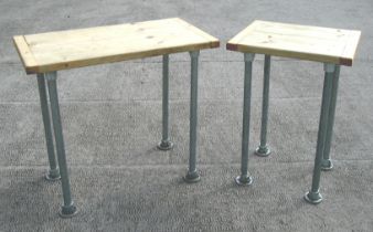 Two matching industrial style side tables with pine tops and scaffold pole legs. 85 and 55cms
