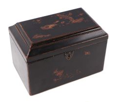 A Japanese lacquer tea caddy decorated in slight relief with birds flowers and insects, 20cm wide.