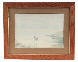 M Wood (late 19th century school) - Two Children on a Beach - watercolour, framed & glazed, 18 by