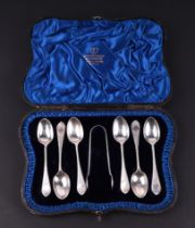 A set of six late Victorian silver teaspoons and matching sugar tongs, London 1894, 84g, cased.