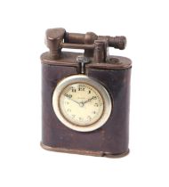 A novelty leather clad brass lighter set with a Elem watch to the front, 5cms high.