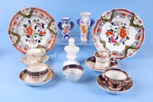 A collection of Victorian English ceramics to include Masons type vases and a white porcelain bust