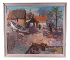 Scandinavian School, farmyard scene with boat and figure, indistinctly signed Helligger Sm....?