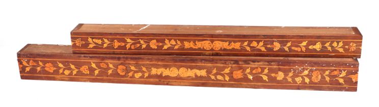 A Dutch marquetry inlaid pelmet decorated with flowers, 150cms long; and another similar, 125cms