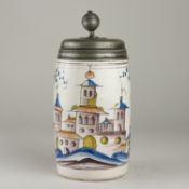 Walzenkrug Fayence florales Dekor mit Burg