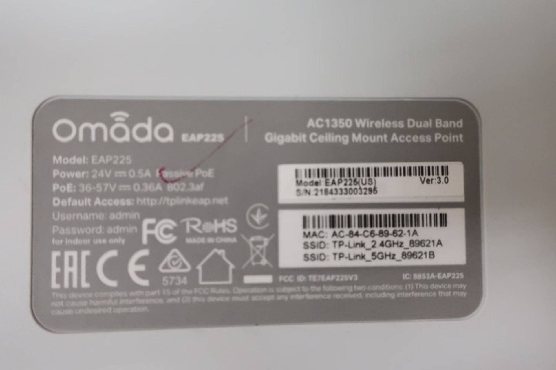 OMADA TPLINK EAP225, AC1350 WIRELESS ACCESS POINT - Image 3 of 3