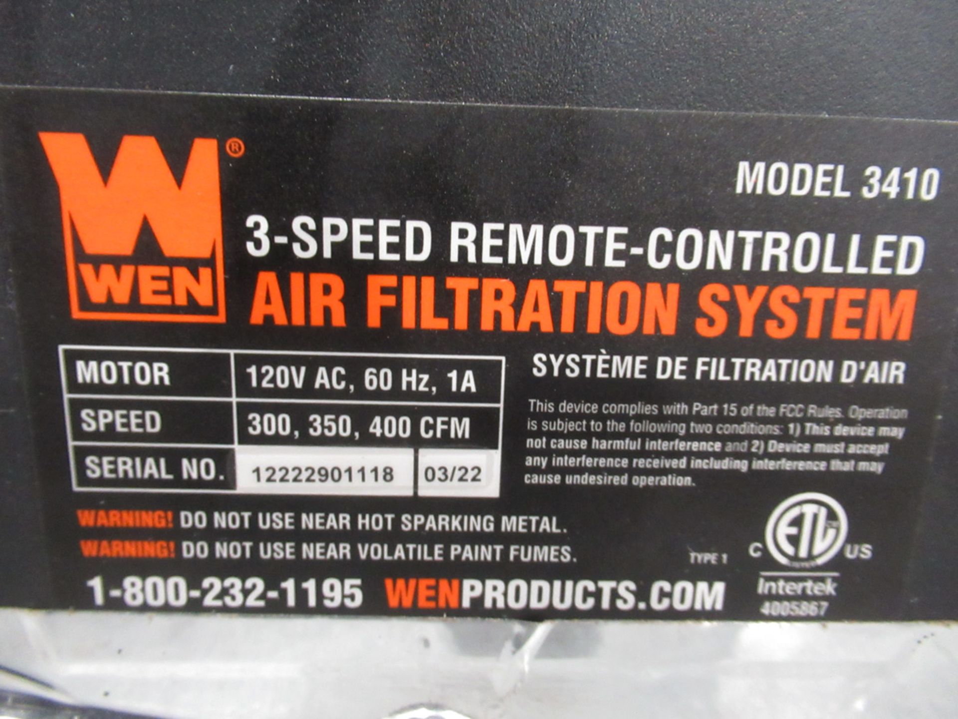 WEN AIR PURIFICATION SYSTEM MOD. 3410 - Image 2 of 4