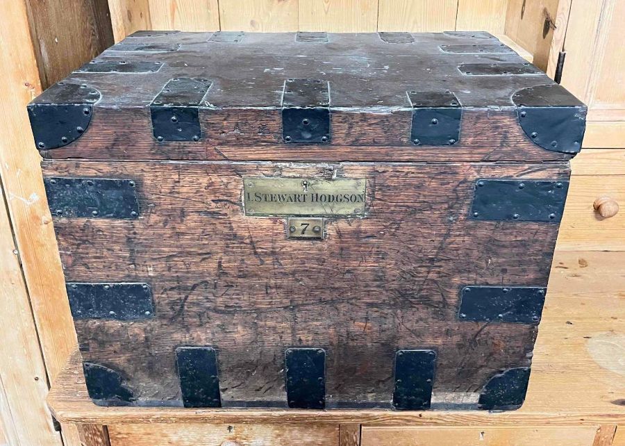 A 19th century oak bound travelling box, with iron