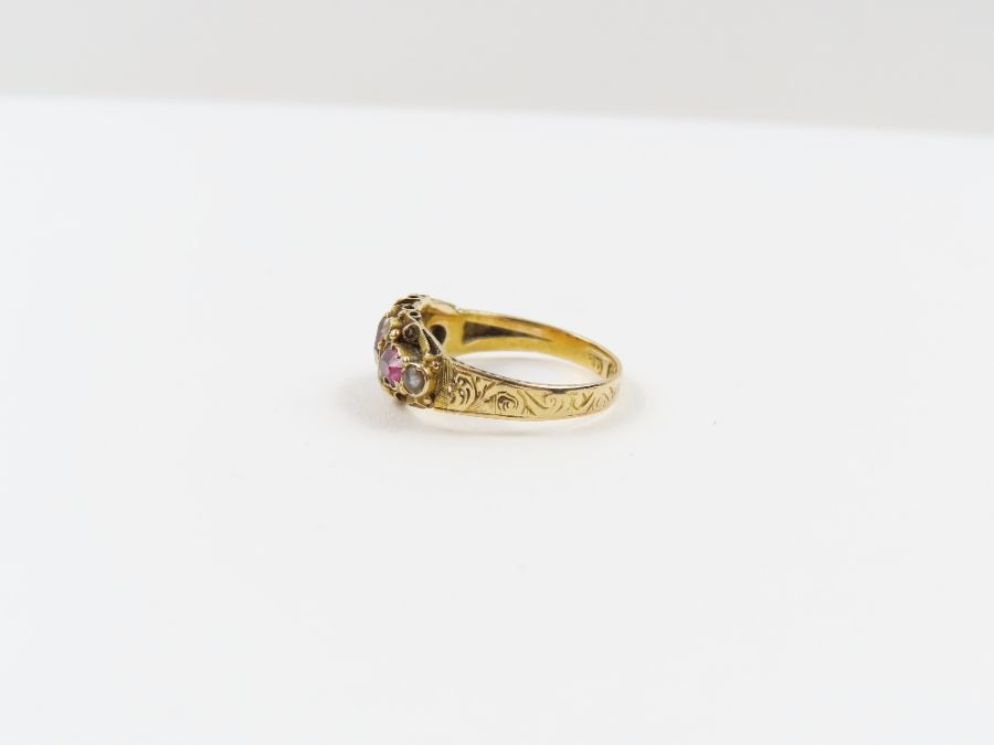 A Victorian 15 carat gold garnet and seed pearl ri - Image 3 of 7