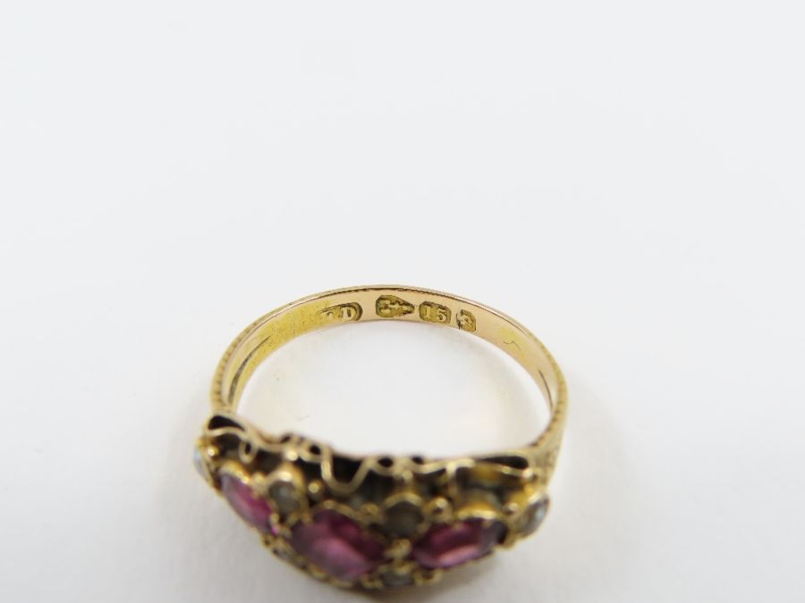 A Victorian 15 carat gold garnet and seed pearl ri - Image 5 of 7