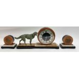 An Art Deco marble three piece clock garniture,