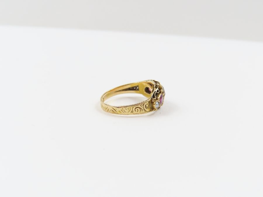 A Victorian 15 carat gold garnet and seed pearl ri - Image 4 of 7