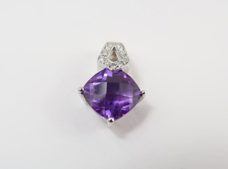 An amethyst and diamond pendant, the square cheque - Image 2 of 9