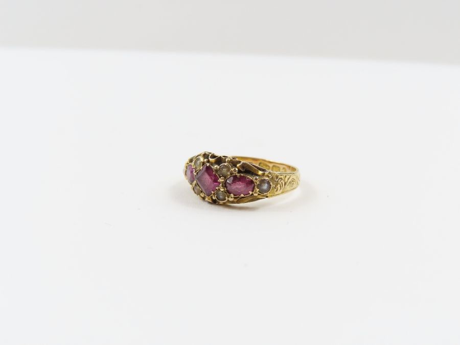 A Victorian 15 carat gold garnet and seed pearl ri - Image 2 of 7