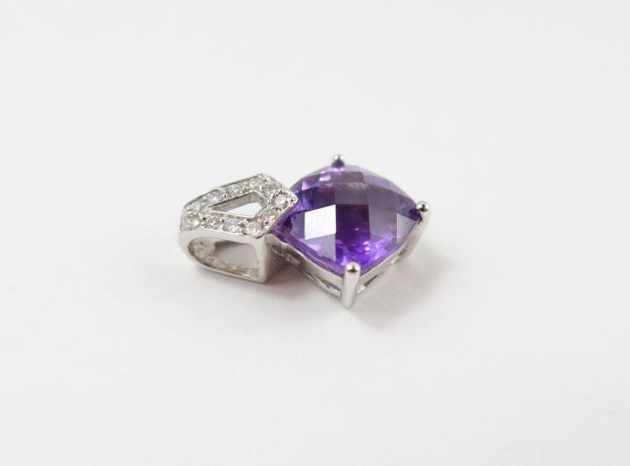 An amethyst and diamond pendant, the square cheque - Image 6 of 9