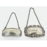 Two silver decanter labels, one for gin and anothe