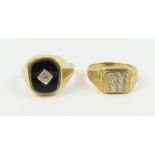 A 9ct gold signet ring set with diamond chips in a