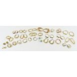 A large collection of gold earrings, mainly hoops,
