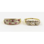 An 18ct gold ruby and diamond two row ring, finger