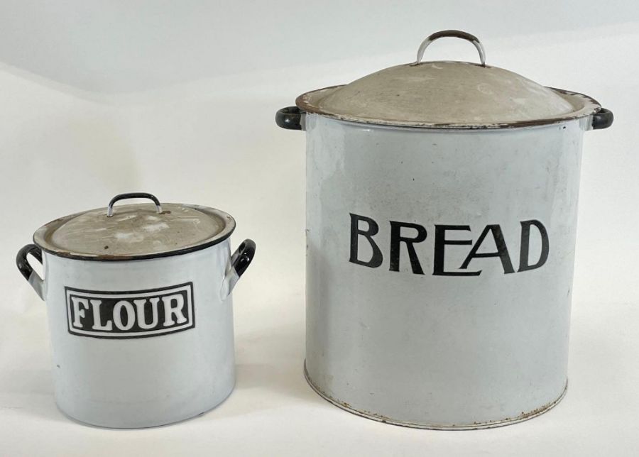 An early 20th century circular white enamel flour