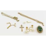 A 9ct gold cross, a single 9ct gold pearl earring