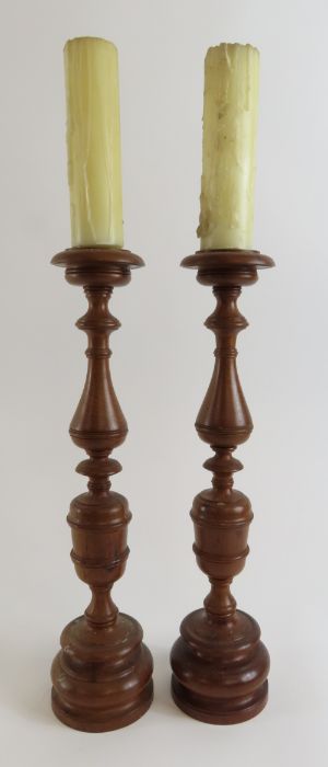 A pair of tall, turned yew wood pricket candle hol - Image 2 of 2