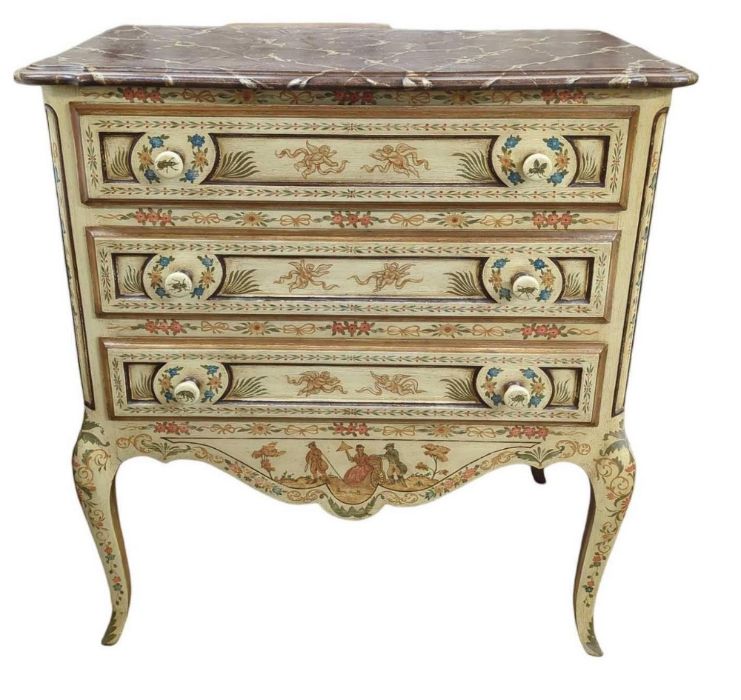 A painted pine cabinet of three long drawers, the