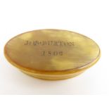 An early 19th Century oval cows horn snuff box eng