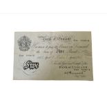 Bank of England white £5 note H84 043612 signed Pe