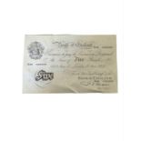 Bank of England white £5 note N65 046358 signed Be