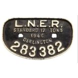 A LNER wagon plate, 12T, Darlington 1948, 283382,
