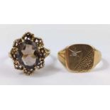 A 9ct gold signet ring, finger size Q; and a 9ct g