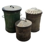 A galvanised metal dustbin with lid, a similar sma
