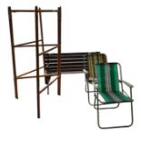 Two folding chairs and a slatted wood garden seat