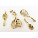 A collection of 9ct gold tennis racquet jewellery,