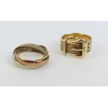 A 9ct gold buckle ring, finger size P 1/2; and a 9