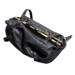 A black leather Gladstone style travelling bag wit