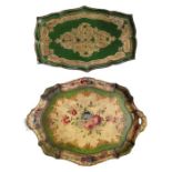 A decorative painted wood tray with floral and scr