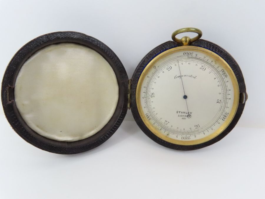 A Stanley pocket barometer, in original brown shag