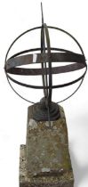 Metal garden sphere sundial on stone base