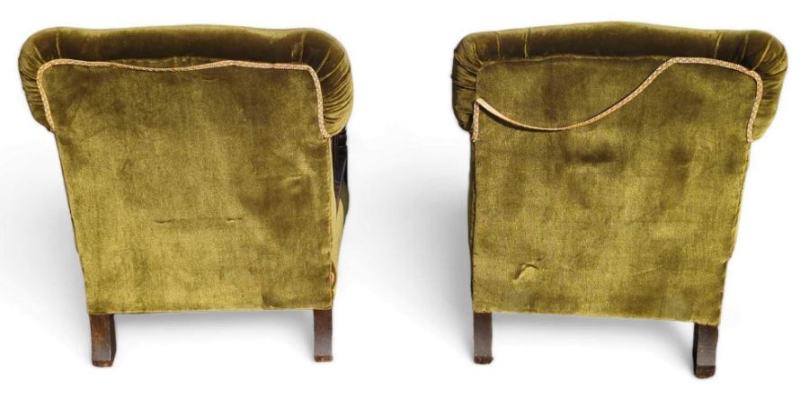 Pair of Edwardian elm framed “tub” armchairs, with - Image 4 of 5